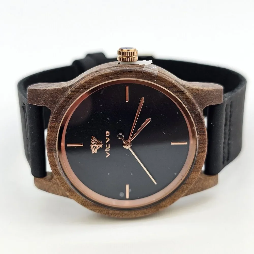 VICVS‎ Men's Wood Watch 40MM Black Dial Black Leather Bands New Battery